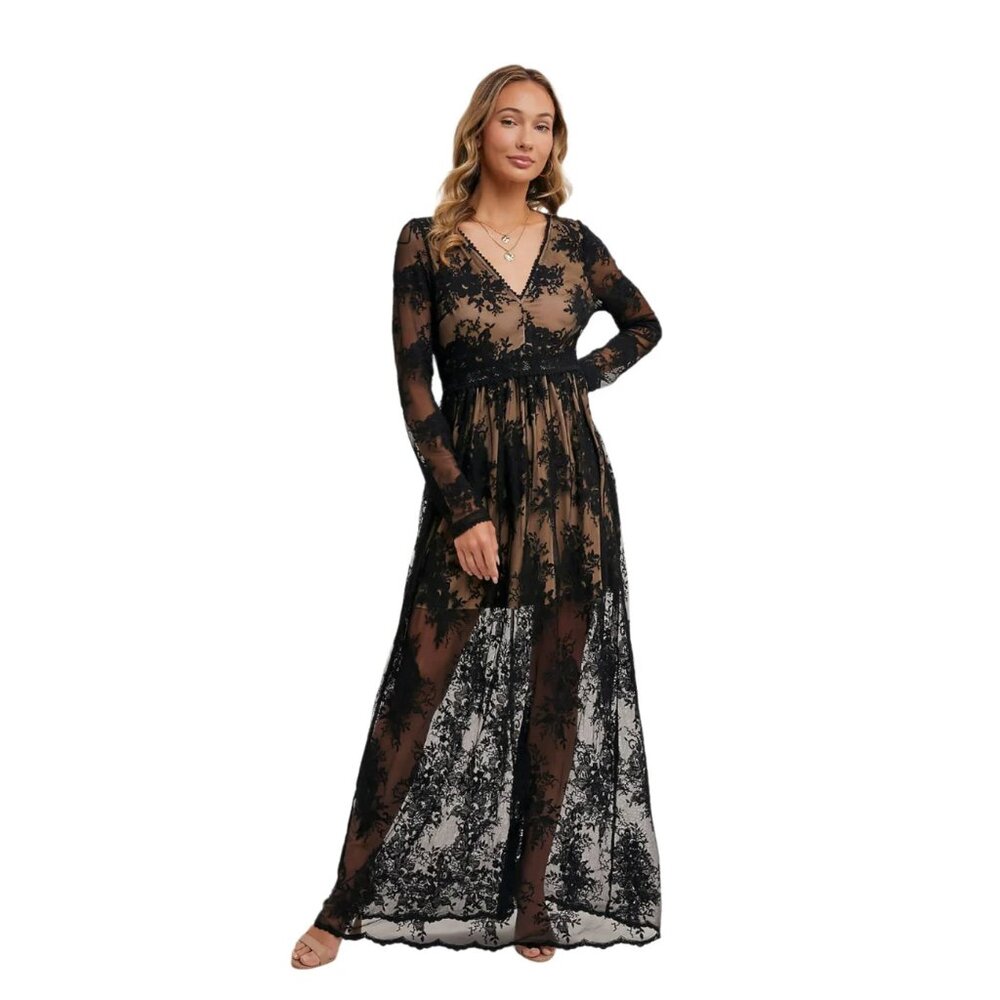 BLUIVY - BOHO FLORAL BLACK LACE V-NECK MAXI DRESS WITH LINING